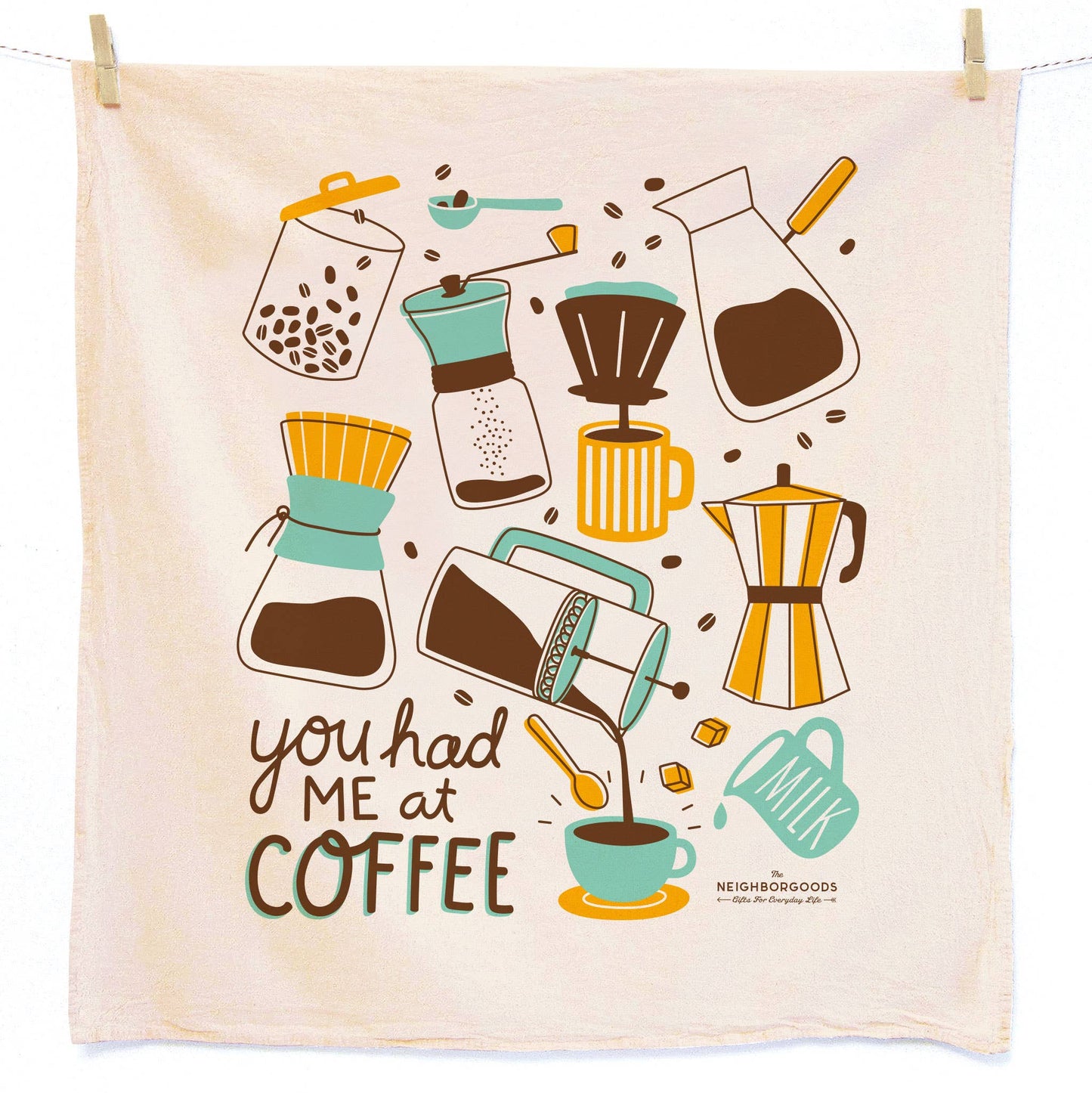 Coffee dish towel by The Neighborgoods that reads "You Had Me At Coffee"