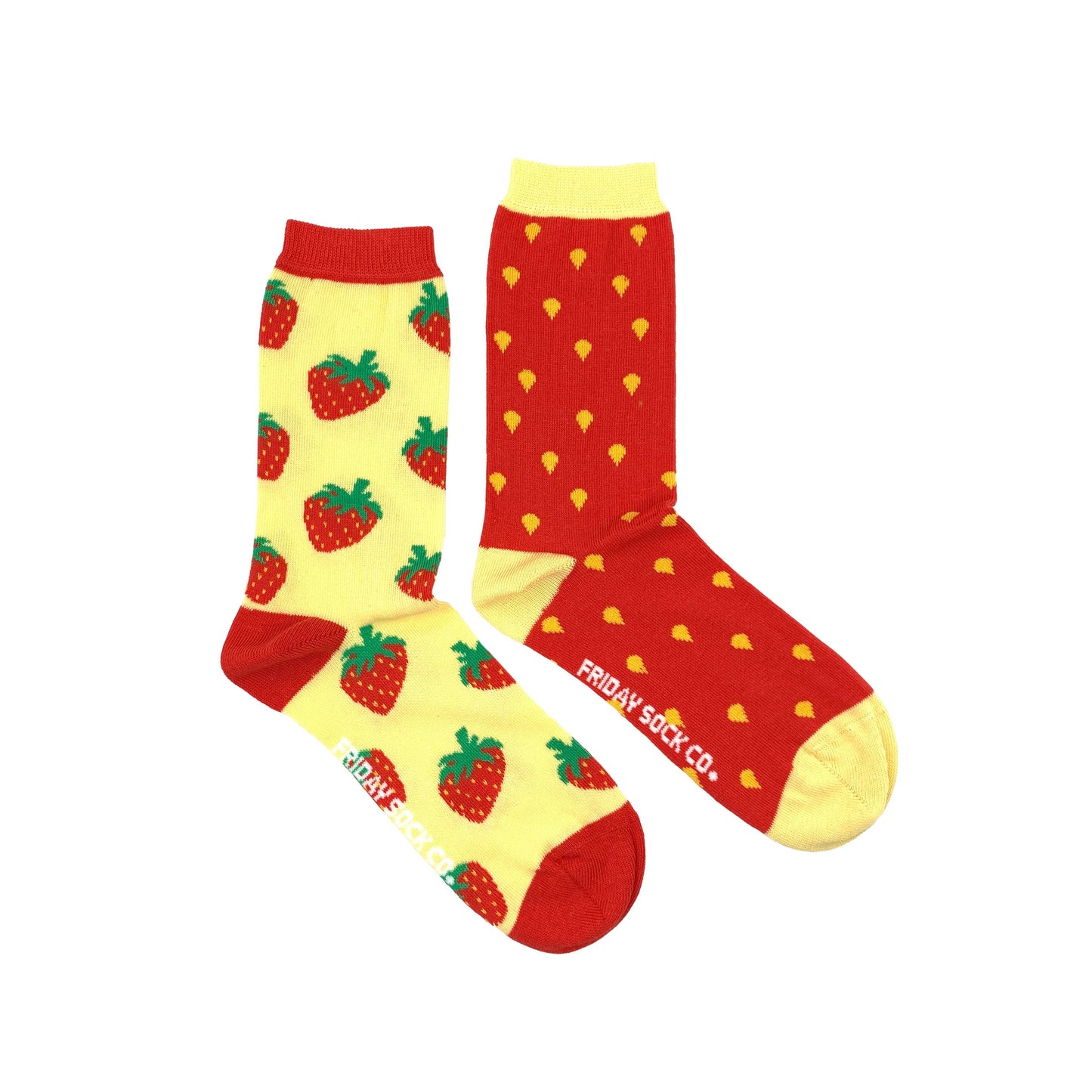 pair of mismatched women's strawberry socks -- red with yellow seeds/spots and yellow with strawberries