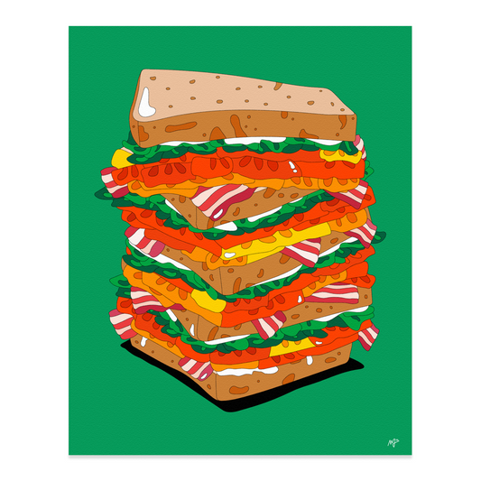 Print by Marianna Fierro; illustration of a four-tiered BLT sandwich.
