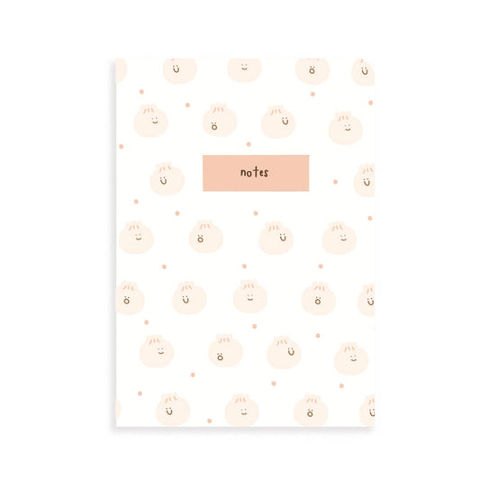 Mainly white notebook with light pink bao dumplings with different faces as the pattern. In center, there is a solid pink box that reads notes
