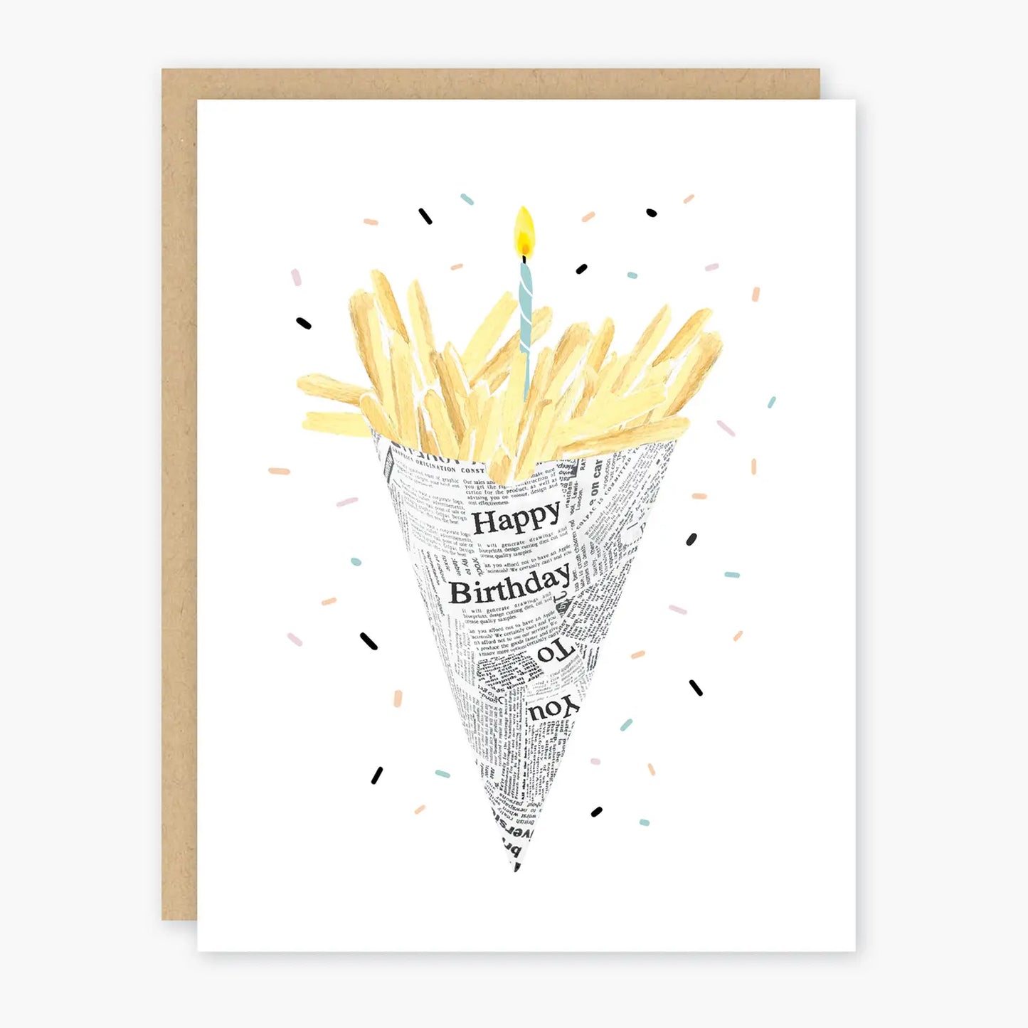 Birthday greeting card -- fries wrapped in a newspaper cone with a birthday candle on top