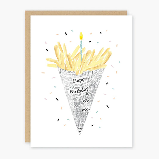 Birthday greeting card -- fries wrapped in a newspaper cone with a birthday candle on top