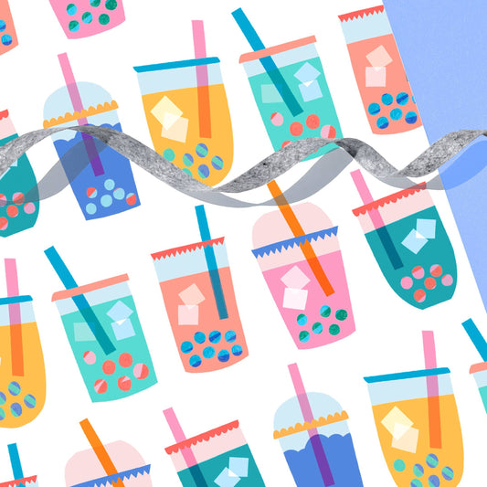Wrapping paper with various bubble tea drinks on it