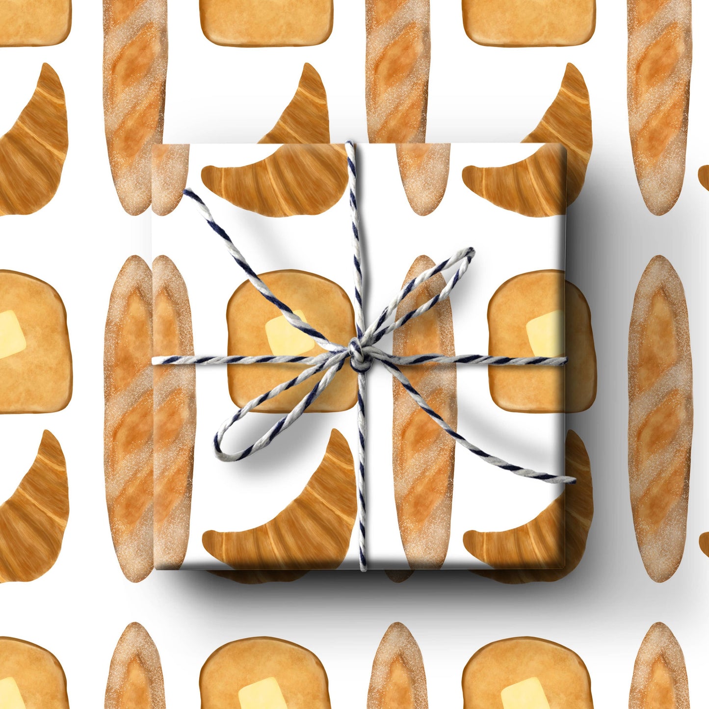 Bread gift wrap includes toast with butter, baguttes, and croissants.