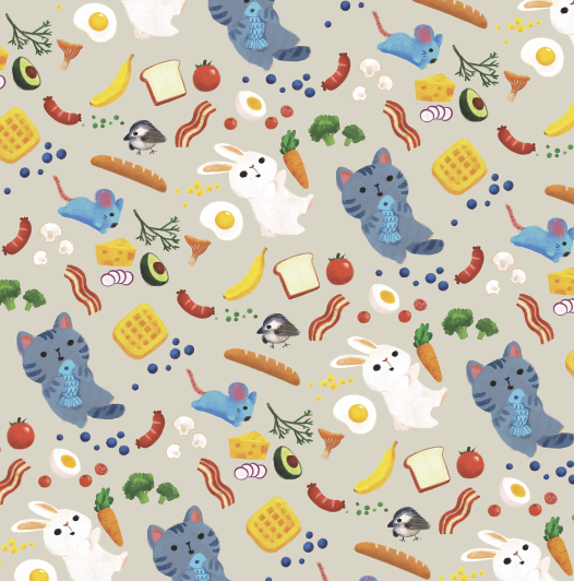 Breakfast Food With Animals Wrapping Paper patter. Pattern includes cats, fish, waffles, bread, sausage, bananas, mice, radish, cheese, bacon, herbs, chantrelles, eggs, tomatoes, blueberries, popcorn, broccoli, rabbits, birds.