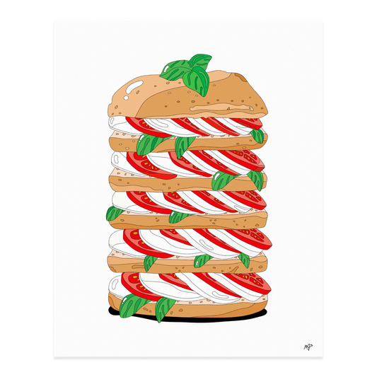 Print by Marianna Fierro; illustration of caprese ingredients layered into a five tier sandwich.