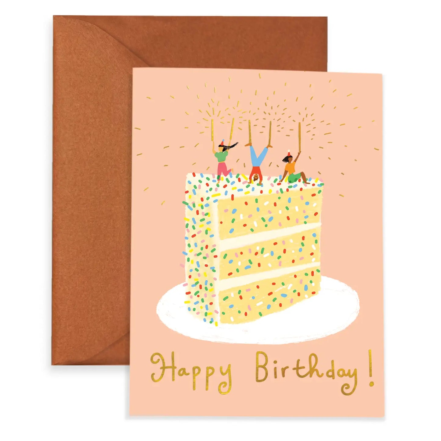 Pink greeting card that reads "Happy Birthday!" at the bottom. Main image is a slice of confetti cake with 3 people on top holding up 5 sparkling candles.
