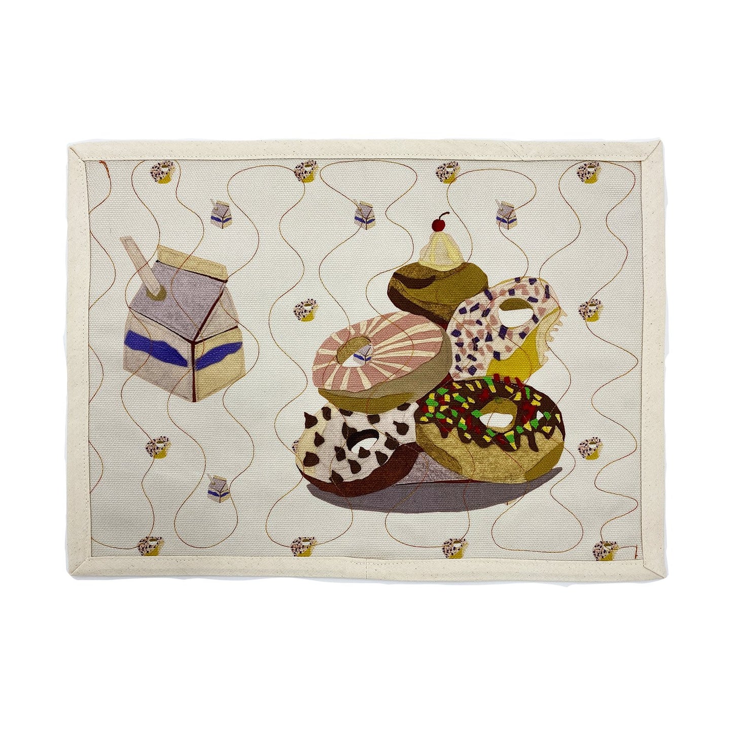 Donuts and milk placemat by Quirky Digs -- printed and topstitched poly cotton placemat