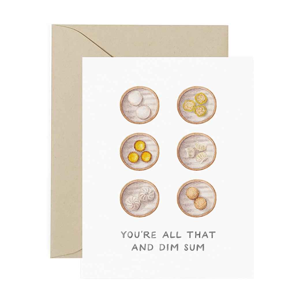 Congrats greeting card that reads "You're All That And Dim Sum" and is designed with illustrations of various dim sum items in bamboo steamers