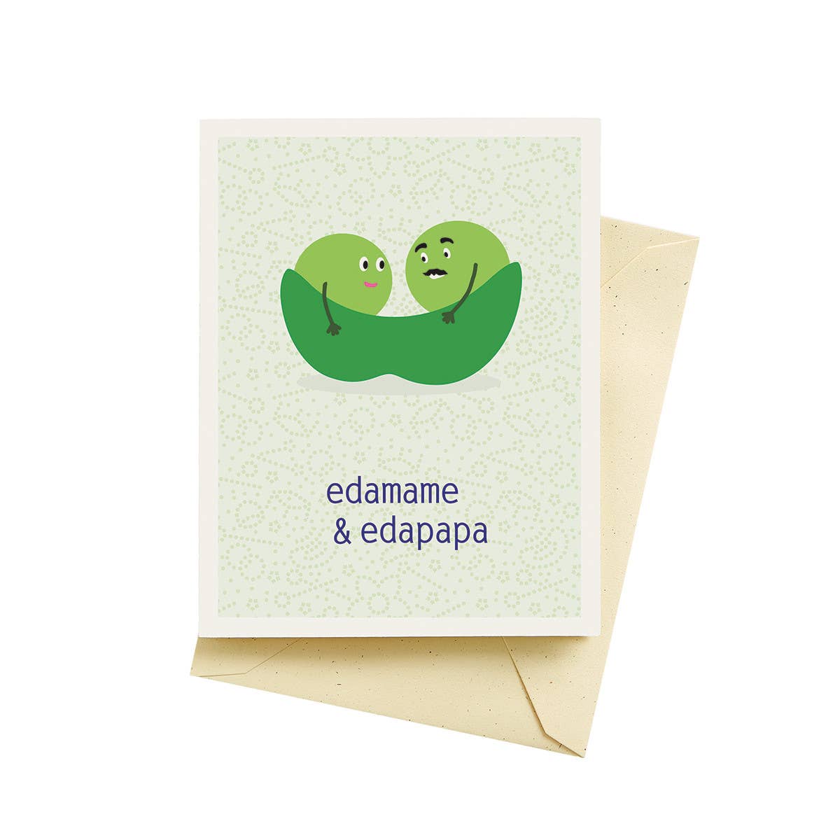 Two edamames in a pod with text below that reads "edamame & edapapa"