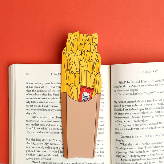 Bookmark that looks like french fries in a container with a packet of ketchup as well