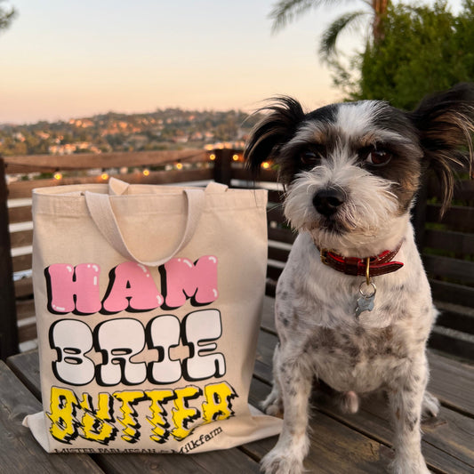 Canvas tote bag -- it has HAM, BRIE and BUTTER stacked on top of each other with Mister Parmesan for Milkfarm below it
