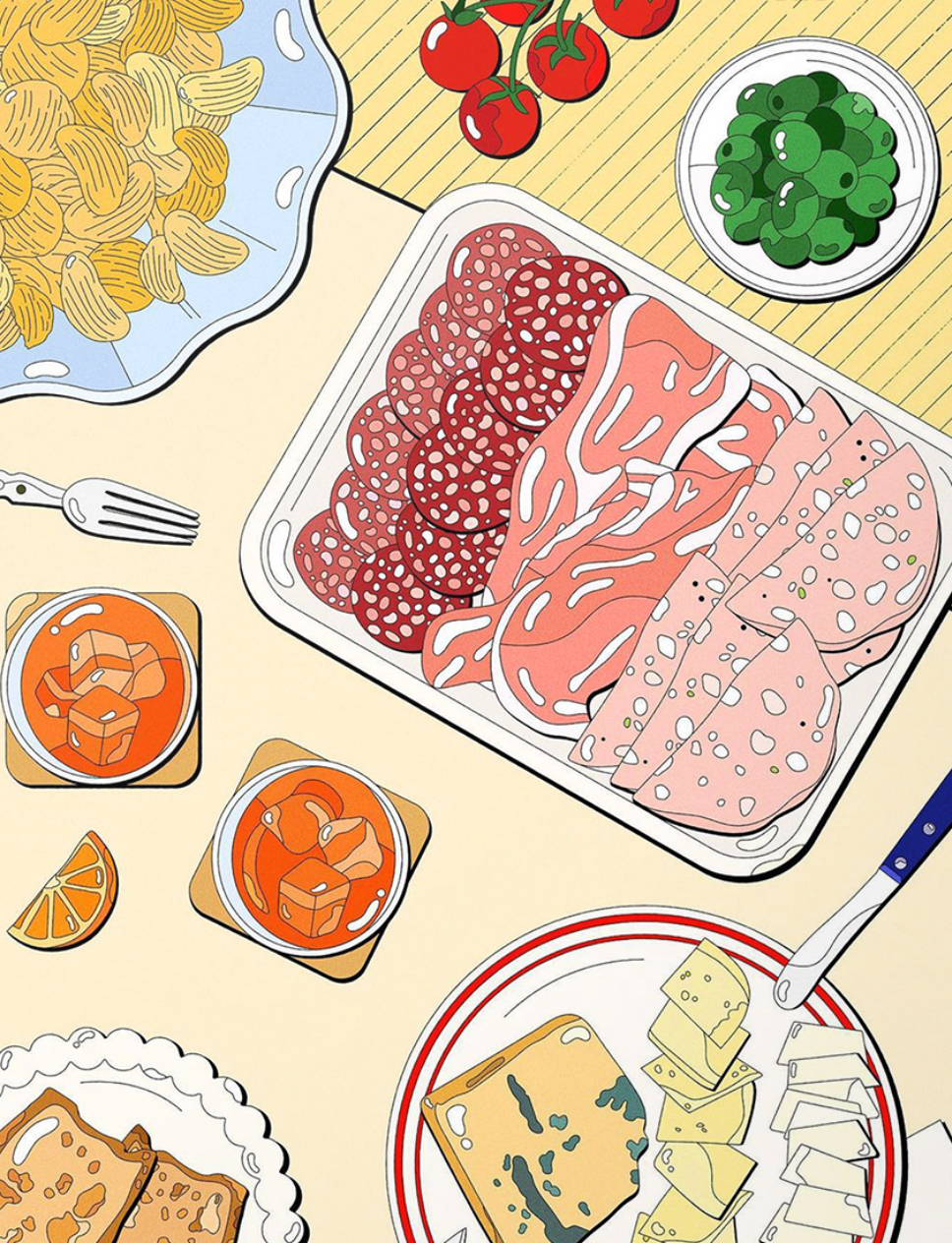 Print by Marianna Fierro; illustration of a table setting from above that includes two cocktails, orange slice, fork, spreader, cheese, bread, nuts, tomatoes on the vine, various sliced meats and olives.