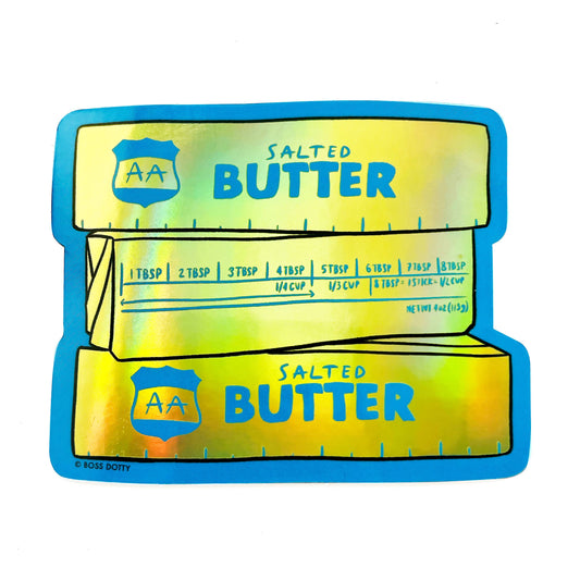 Holographic sticker that has three sticks of salted butter with blue border around it all.