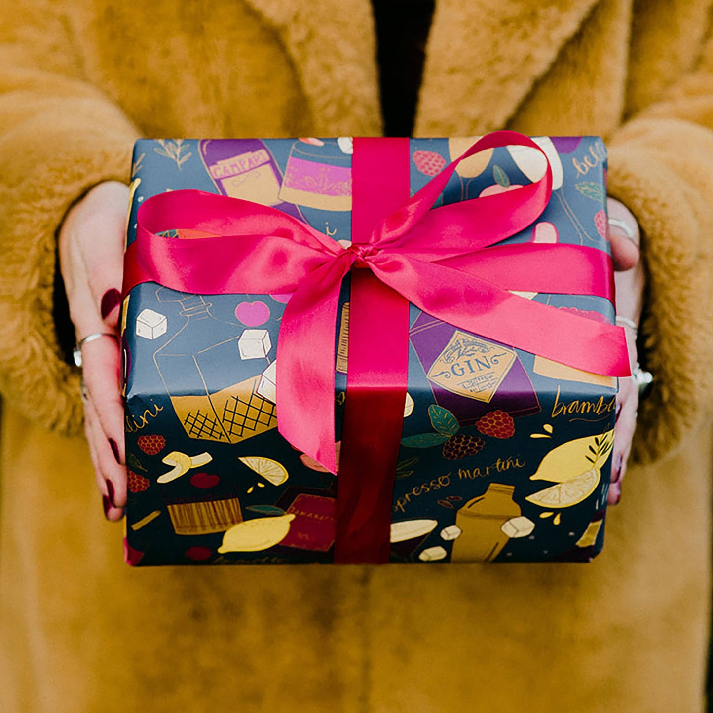 Cocktails wrapping paper with a dark teal background