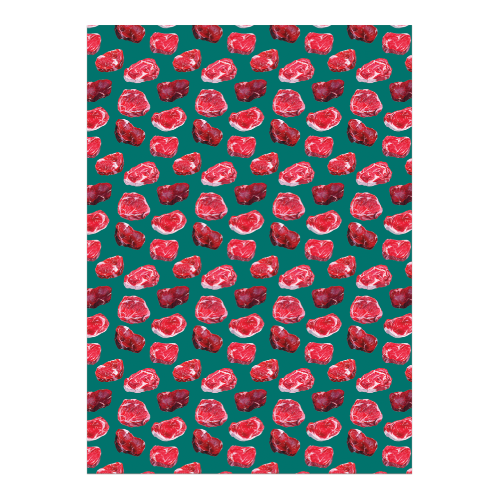 Sheet of wrapping paper with raw steaks on it