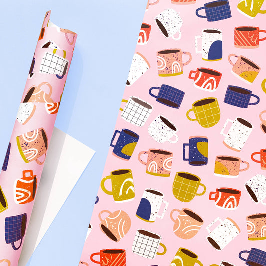 Wrapping paper with different mid-century mugs on it