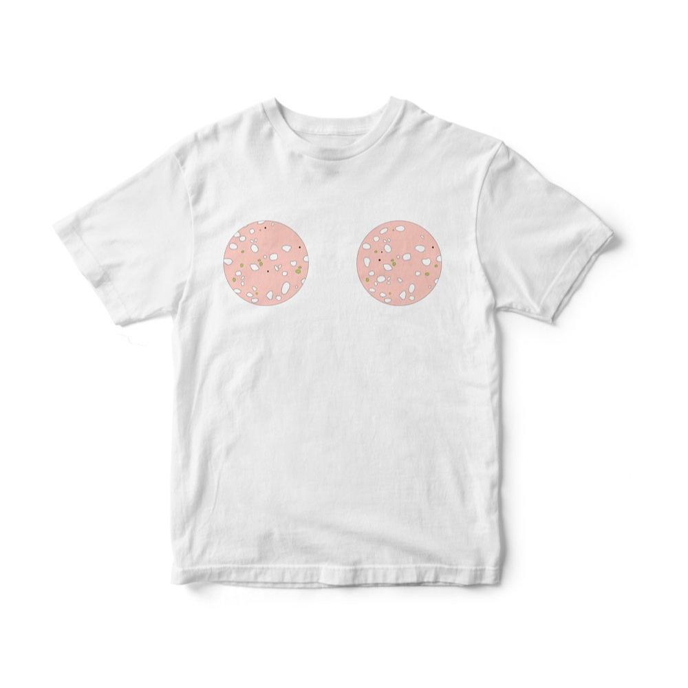 White t-shirt with two slices of mortadella in the middle, chest area.
