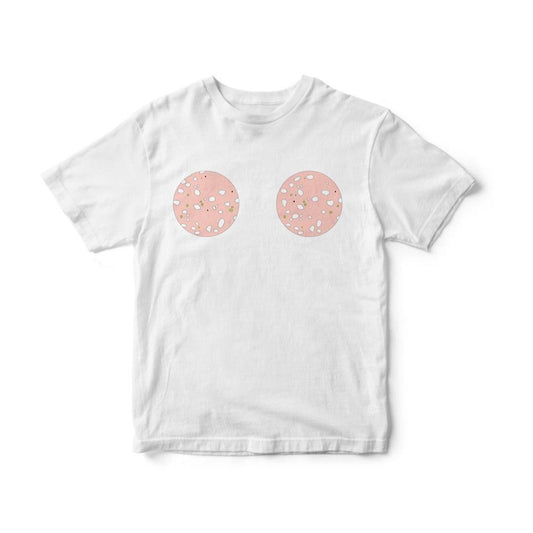 White t-shirt with two slices of mortadella in the middle, chest area.