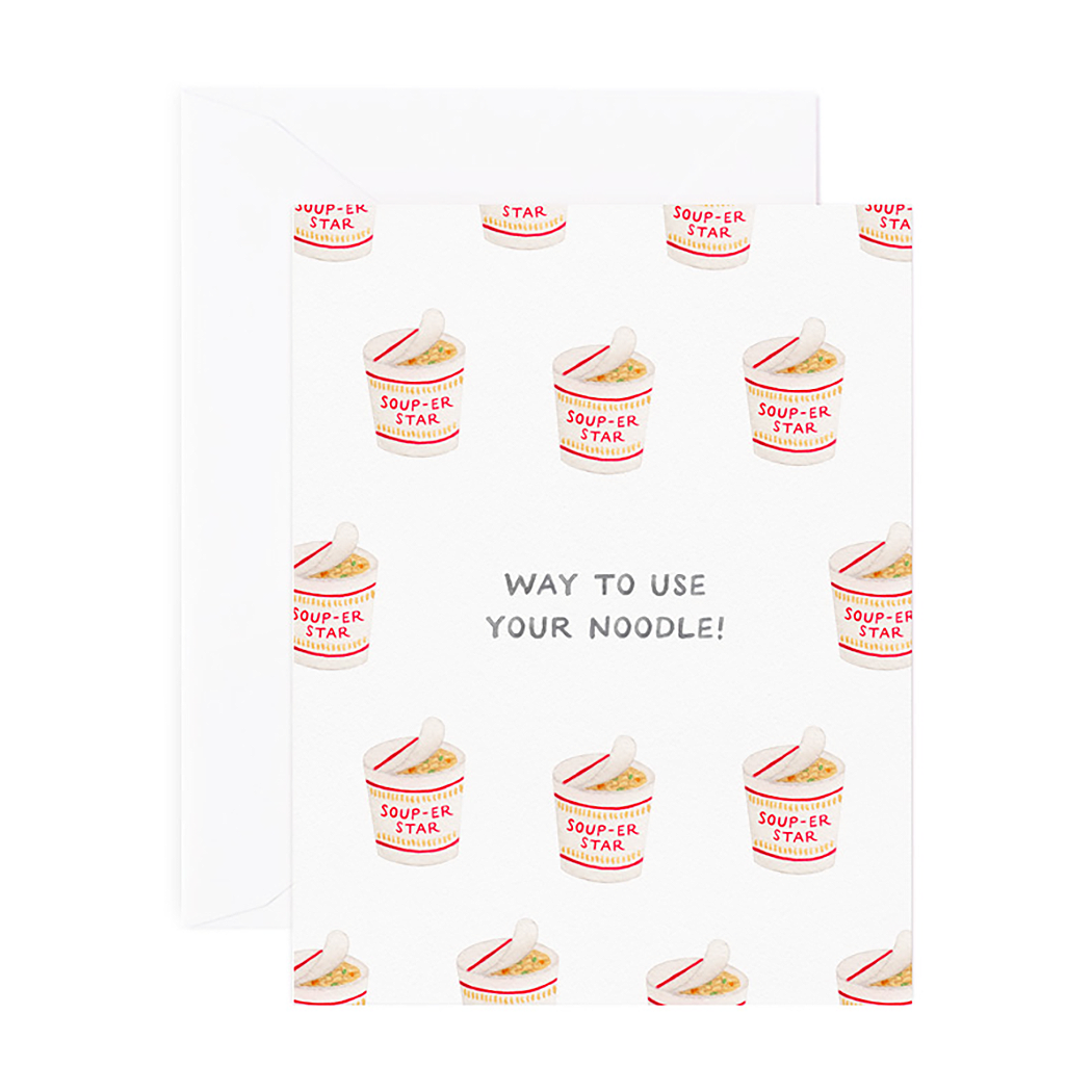 Grad greeting card that reads "Way To Use Your Noodle" and is designed with illustrations of cup o noodles