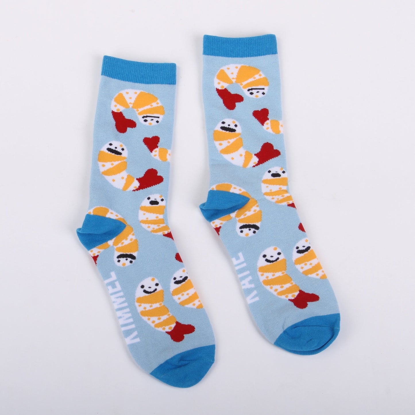 Shrimp Socks -- blue socks with orange and red shrimp on it. Also called shrimp socktails