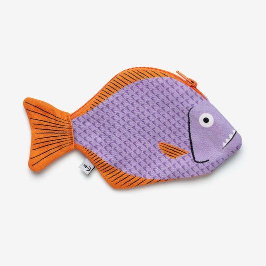 Piranha fish zippered pouch --- body is light purple with scale detailing, fins are orange with stripes