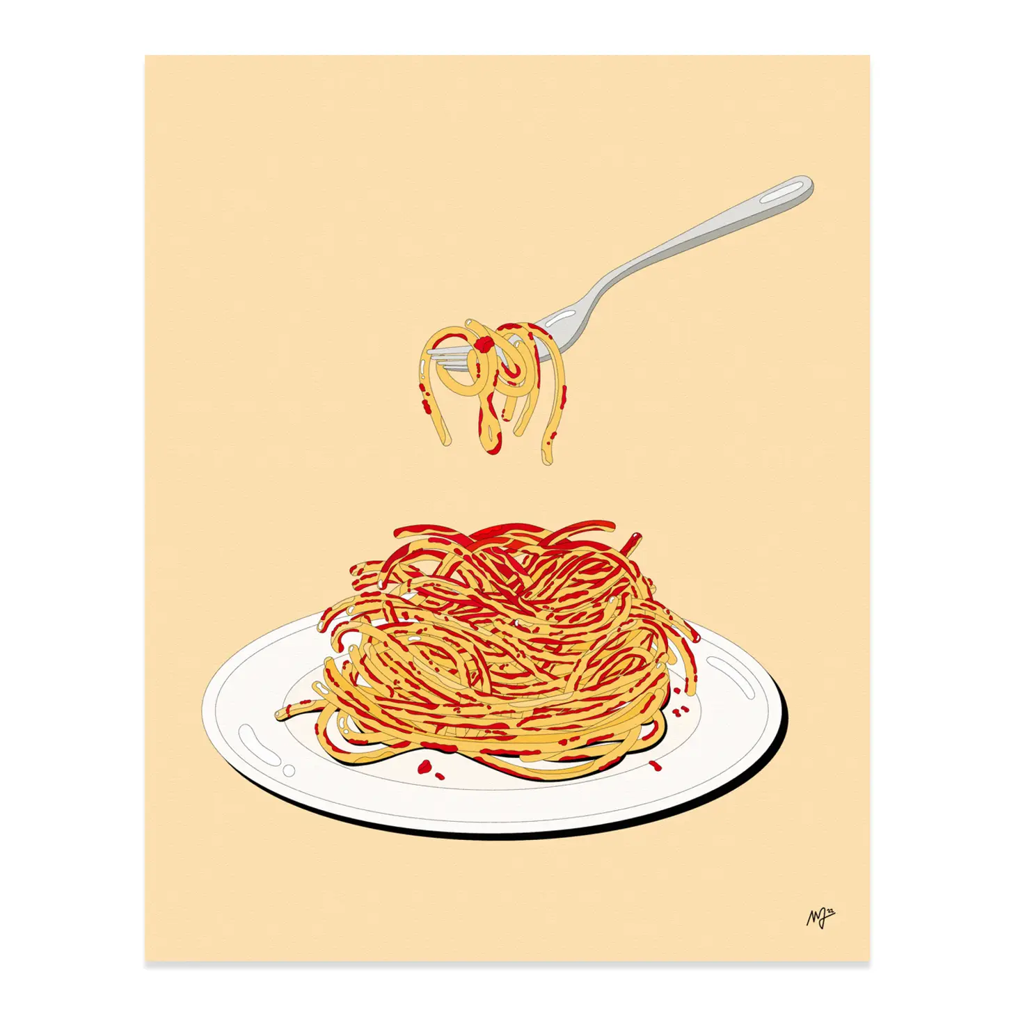 Print by Marianna Fierro; Illustration of a plate of spaghetti with a fork floating above that has some spaghetti noodles on it.