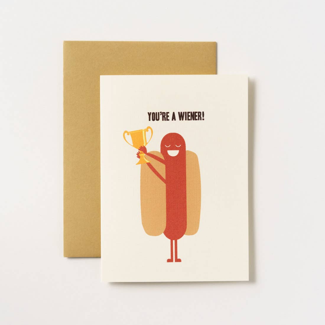 Hot Dog Greeting Card -- Hot dog is holding a trophy cup and it reads "You're A Wiener!"