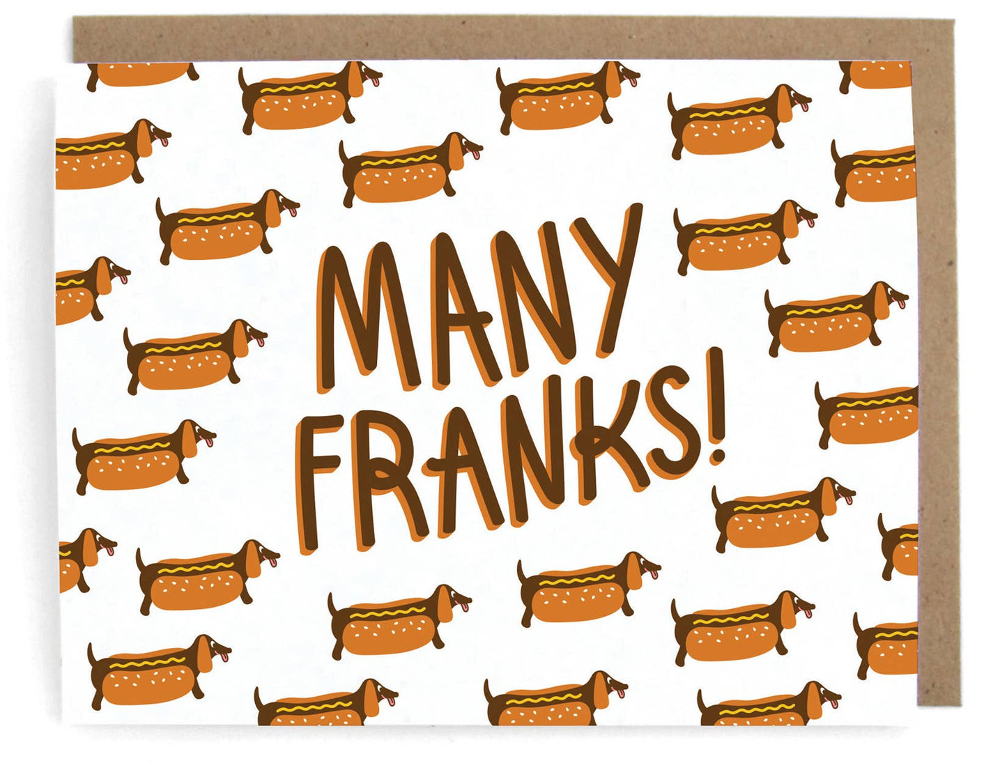 Many Franks! thank you greeting card. Design has wiener dogs in hot dog buns