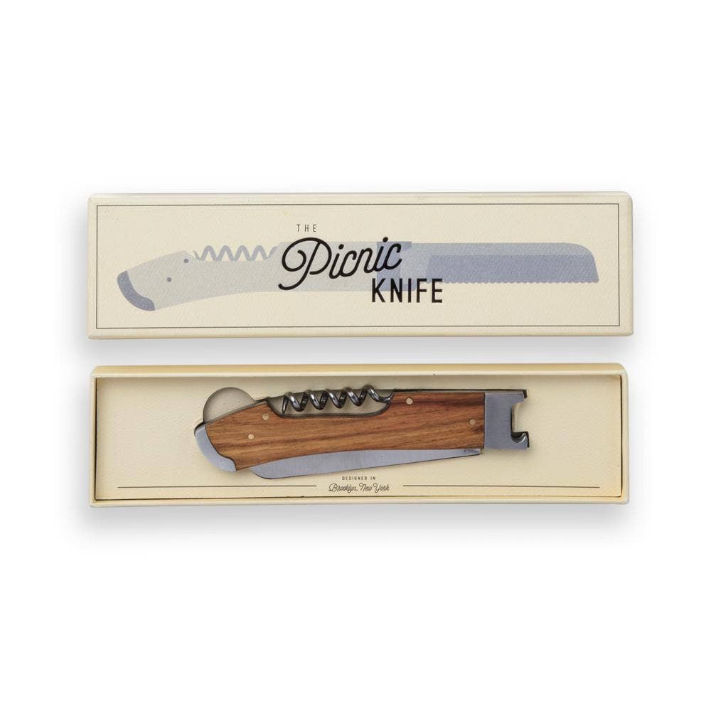 All-around picnic knife that also as a built in bottle opener and corkscrew