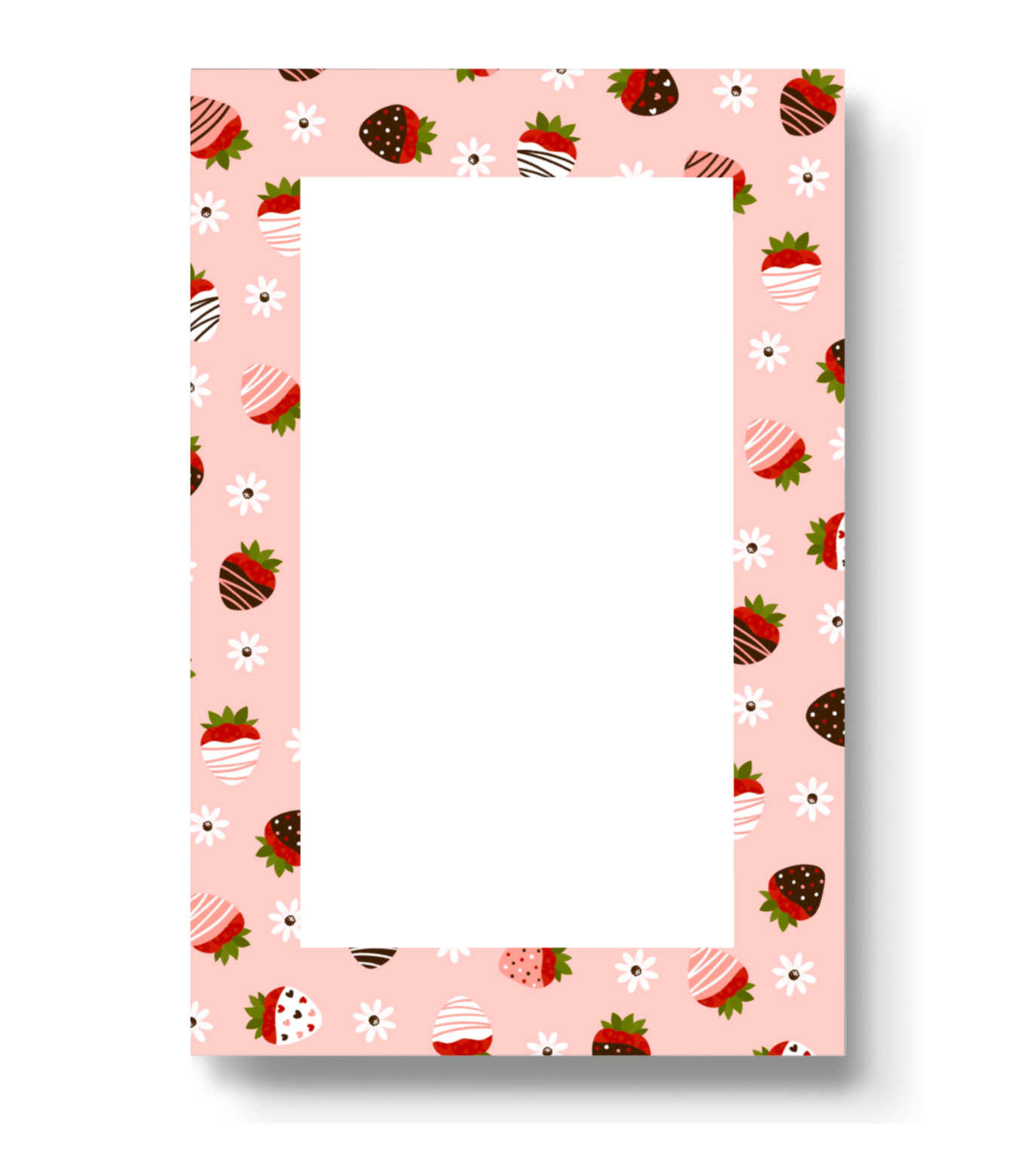 Blank notepad -- white in the middle, border is pink with various chocolate coated strawberries and white flowers on it.