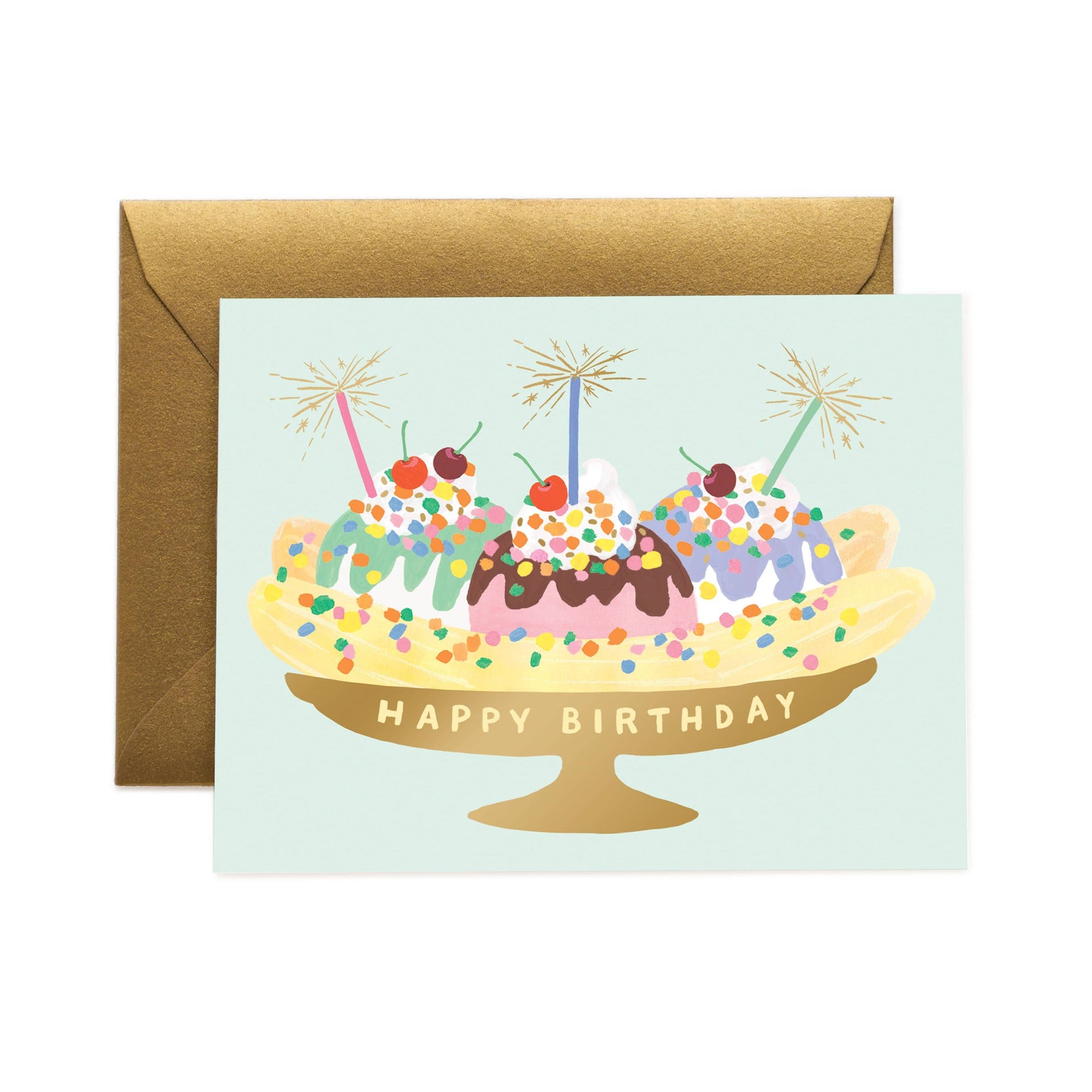 Banana split all done up with sprinkles, sauce, whipped cream, cherries and candles. Text at bottom reads "Happy Birthday"