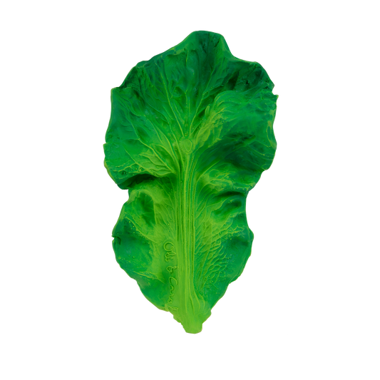 Photo of a baby toy shaped like a bright green leaf of kale.