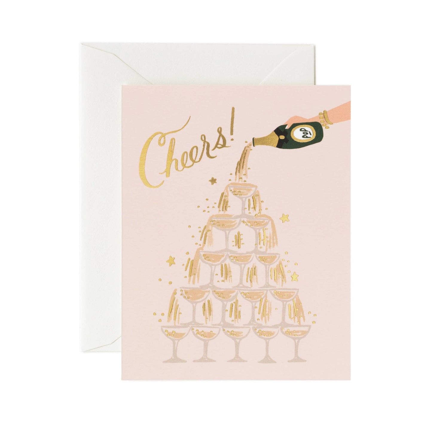 Greeting card with illustration of a bottle of champagne being poured over a tower of champagne glasses. Text reads "Cheers!" in metallic gold script.