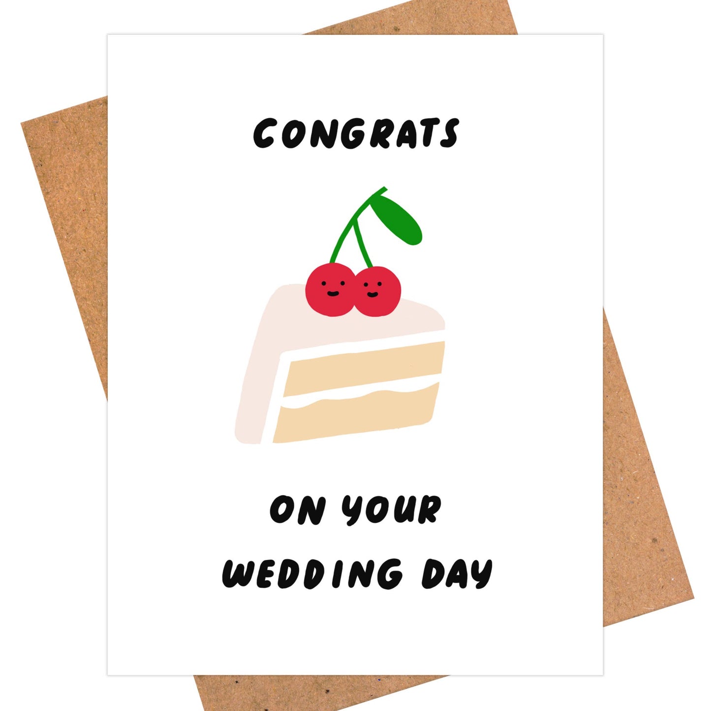 Wedding card that reads "Congrats on your wedding day" and has a slice of cake with two cherries on top