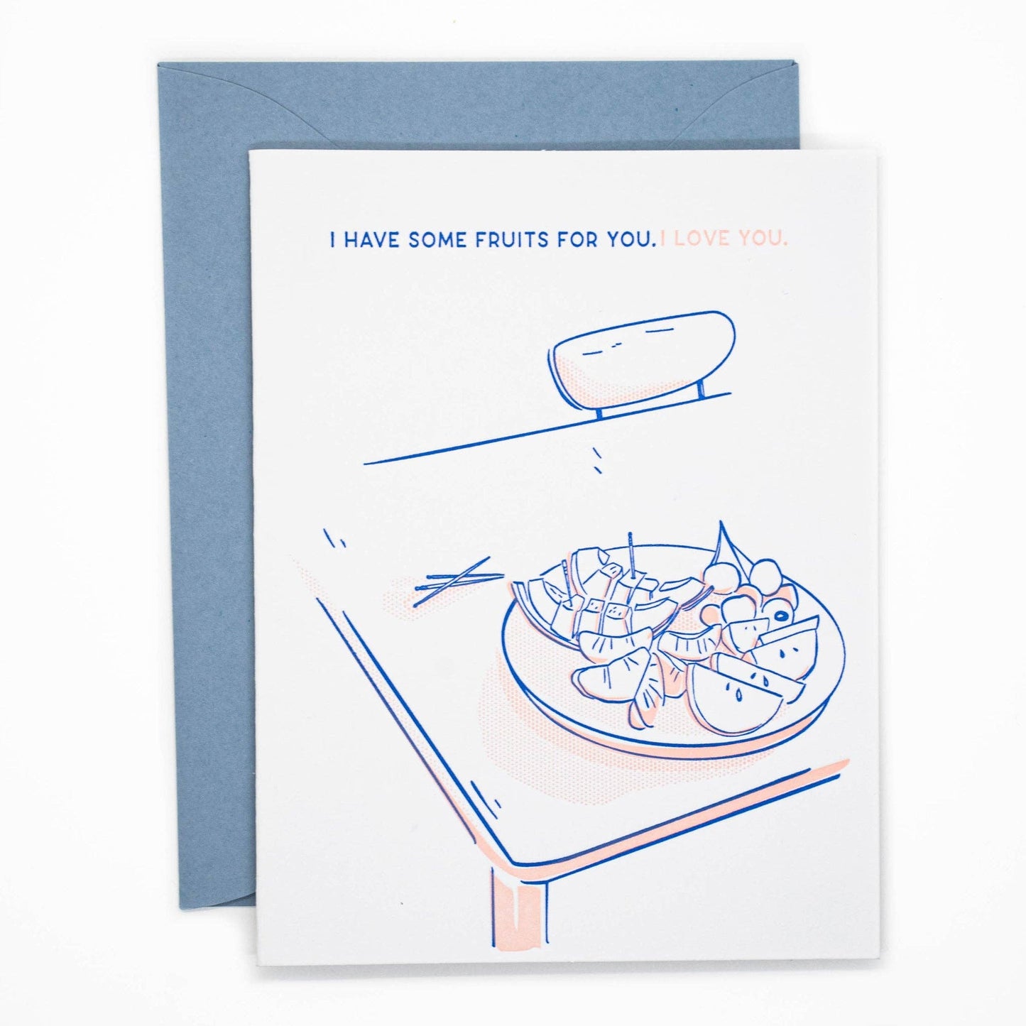 Card reads "I have some fruits for you. I love you" and has an illustration of cut up fruits on a plate on the dining table