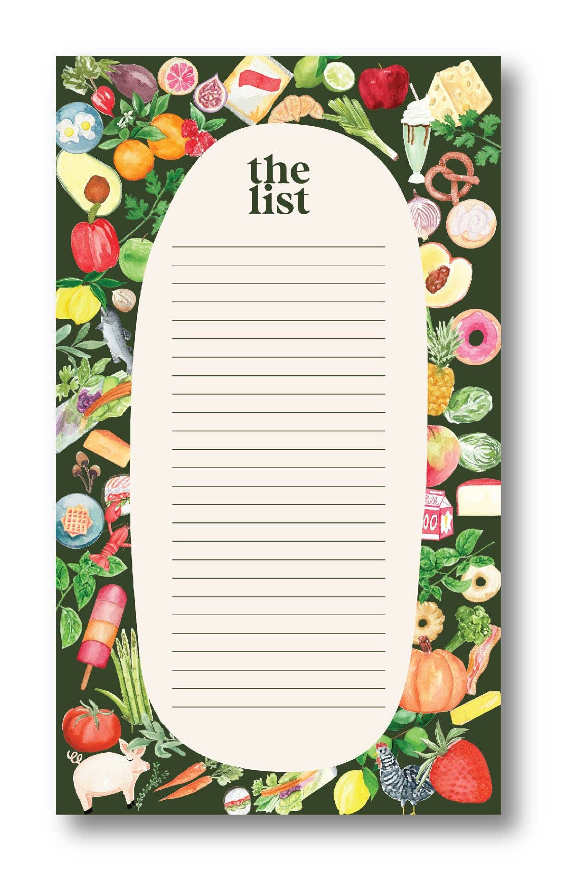 Grocery list lined notepad with different fruits, veggies and treats bordering it