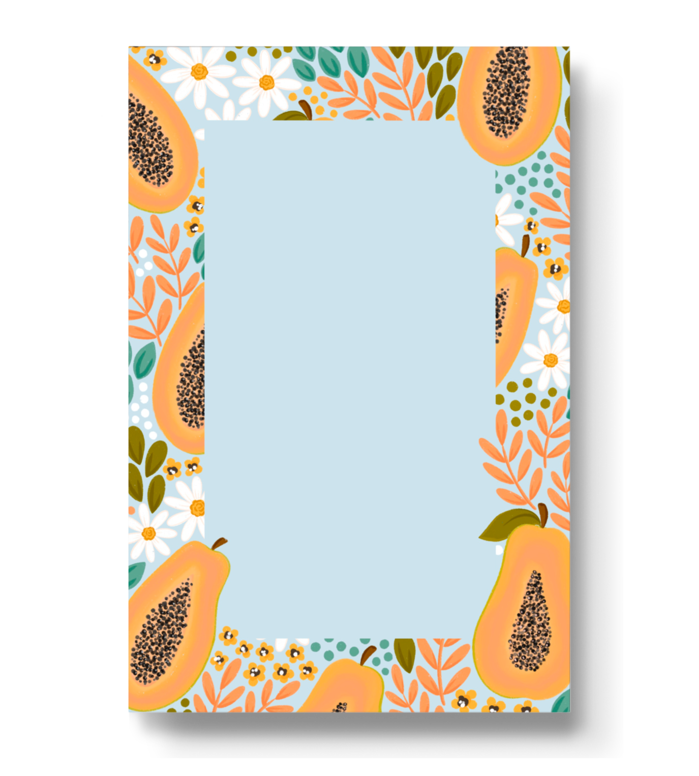 Blank notepad -- light blue bordered with papayas and florals