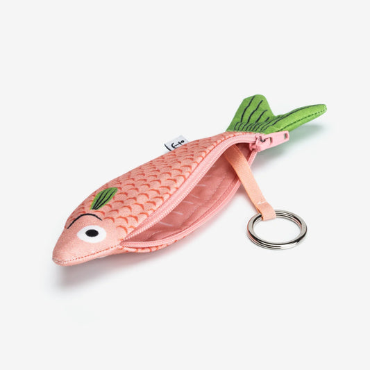 Cardenal fish pouch unzippered to show interior + attached key ring