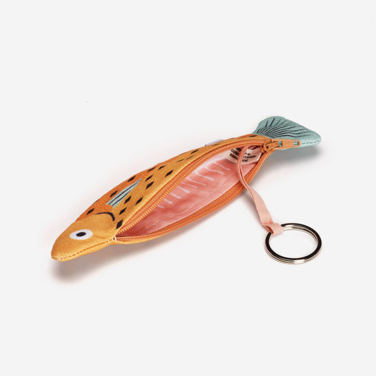 Interior of Small Whiting fish pouch in orange. Comes with attached keyring