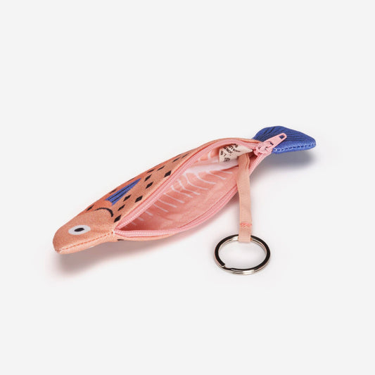 Interior of Small Whiting fish pouch in pink. Comes with attached keyring