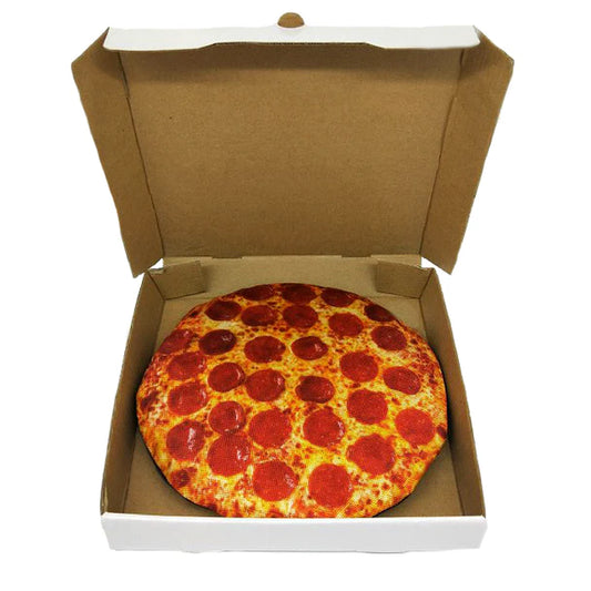 Pepperoni pizza dog toy inside pizza box packaging