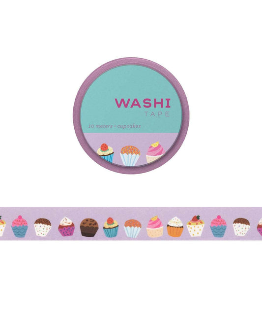 roll of purple washi tape with diferent types of cupcakes on it
