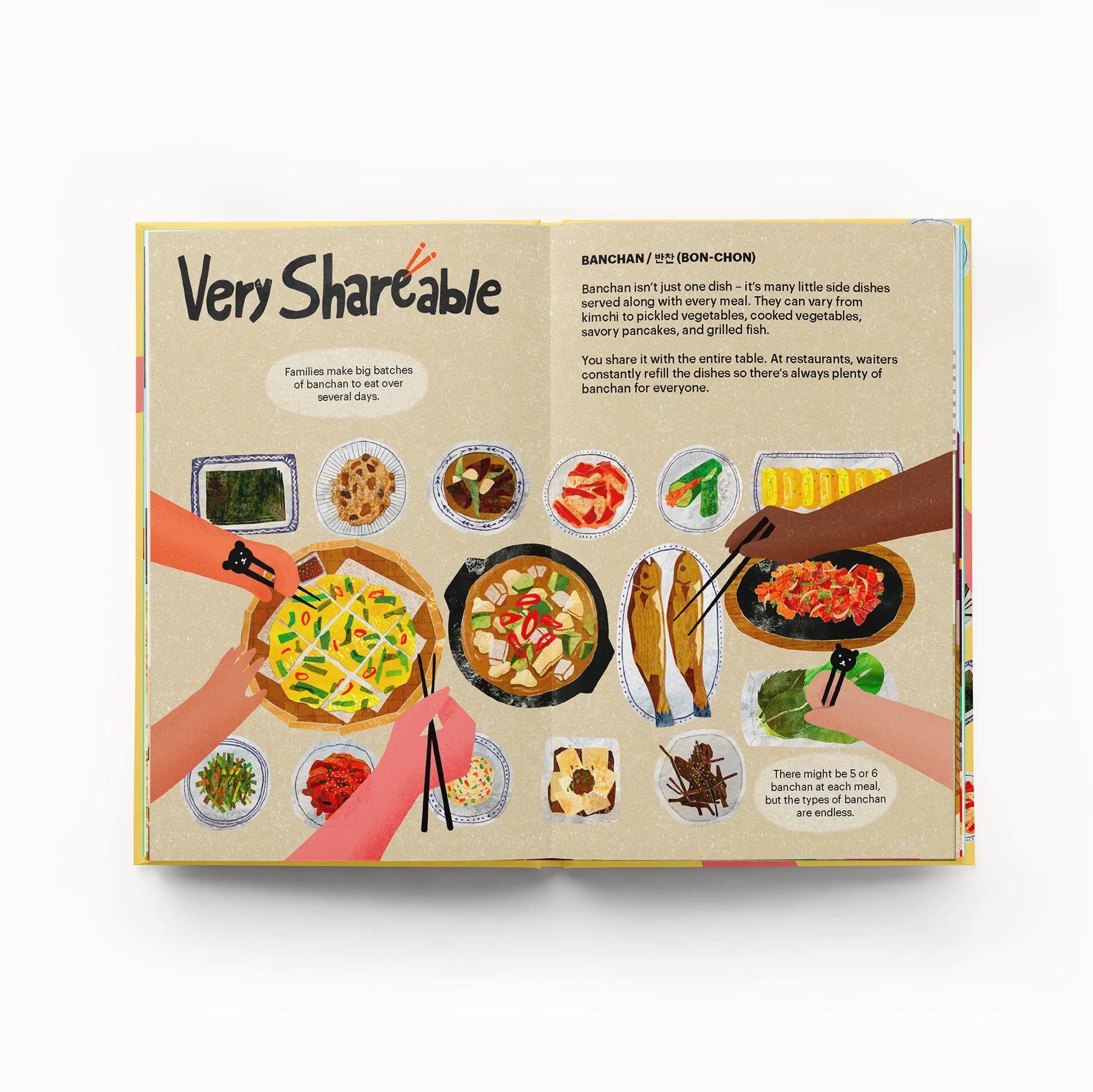 Inside pages of "A Very Asian Guide to Korean Food" -- pages show illustrations of different shareable Korean food items