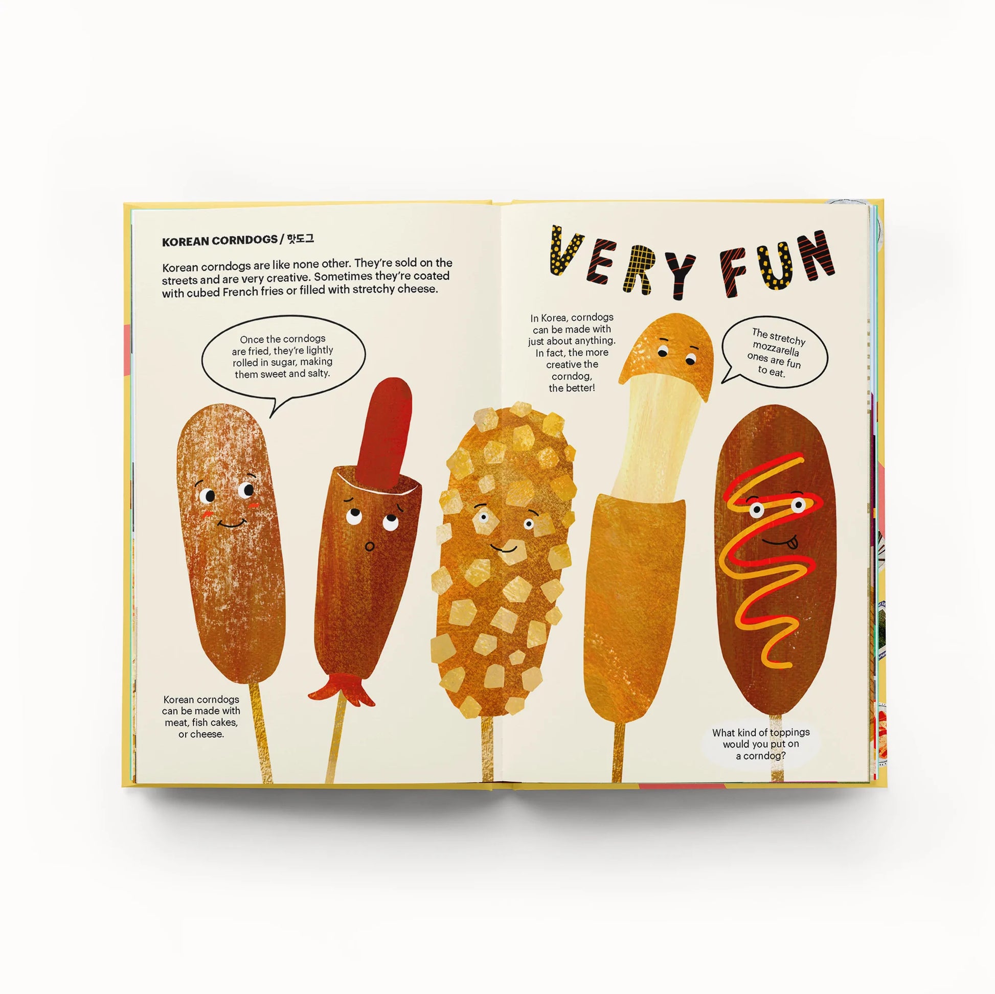 Inside pages of "A Very Asian Guide to Korean Food" --  Pages show 5 korean corndogs, all with different toppings and/or insides