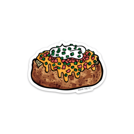 A sticker of a loaded baked potato -- includes cheese dripping off the sides and topped with chives, bacon bits and sour cream