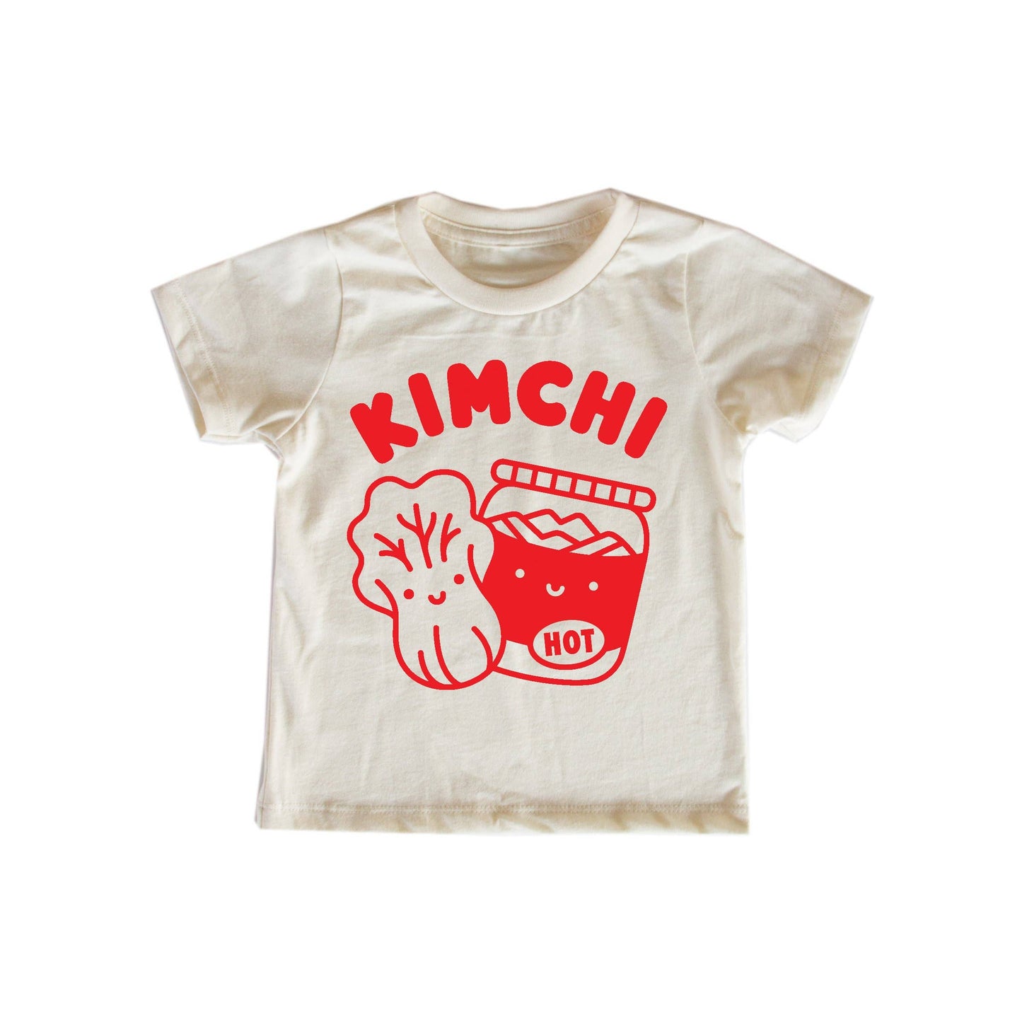 Baby size KImchi Tee -- says Kimchi across the chest with a cabbage next to a pickling jar, all in red ink