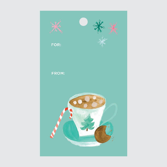 gift tag with stars and a cup of hot chocolate w/marshmallows, a candy cane and cookie. Reads "For:" and "From:"