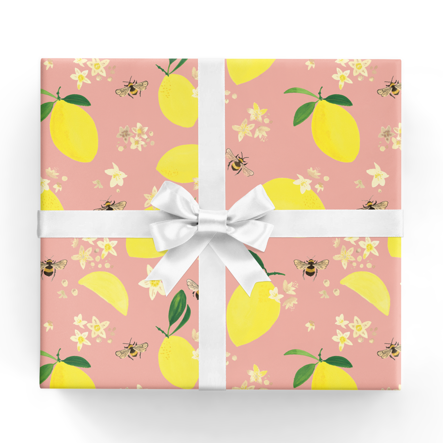 Lemon and bees sheet of wrapping paper -- Pink background with lemons, bees and small flowers on it