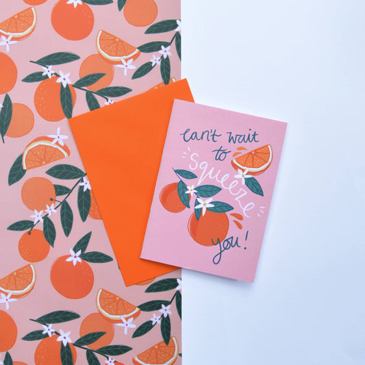 Wrapping paper and card with sevilla oranges on it